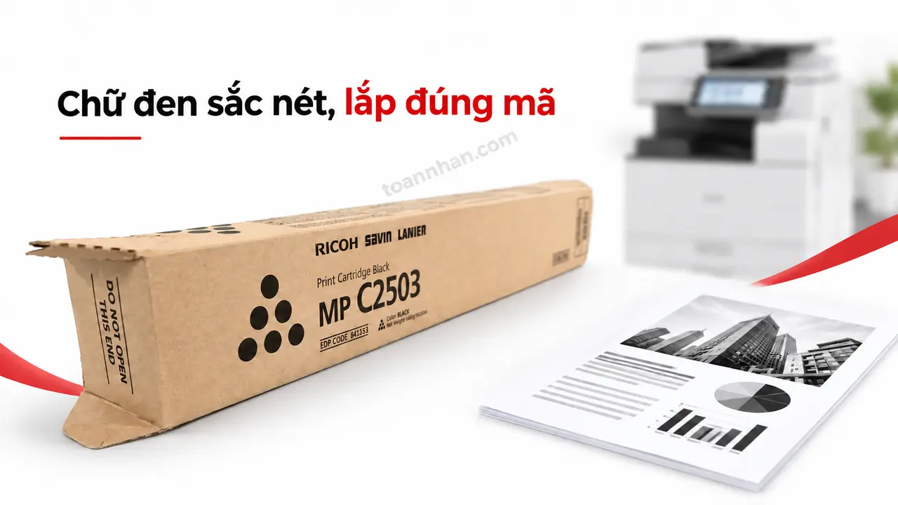 Hộp mực Ricoh MP C2503 Black minh họa bản in chữ đen sắc nét cho máy in tương thích