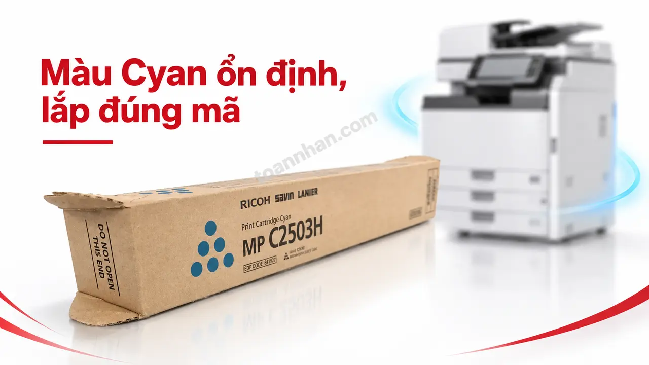 Hộp mực Ricoh MP C2503H Cyan minh họa màu Cyan ổn định cho máy in tương thích