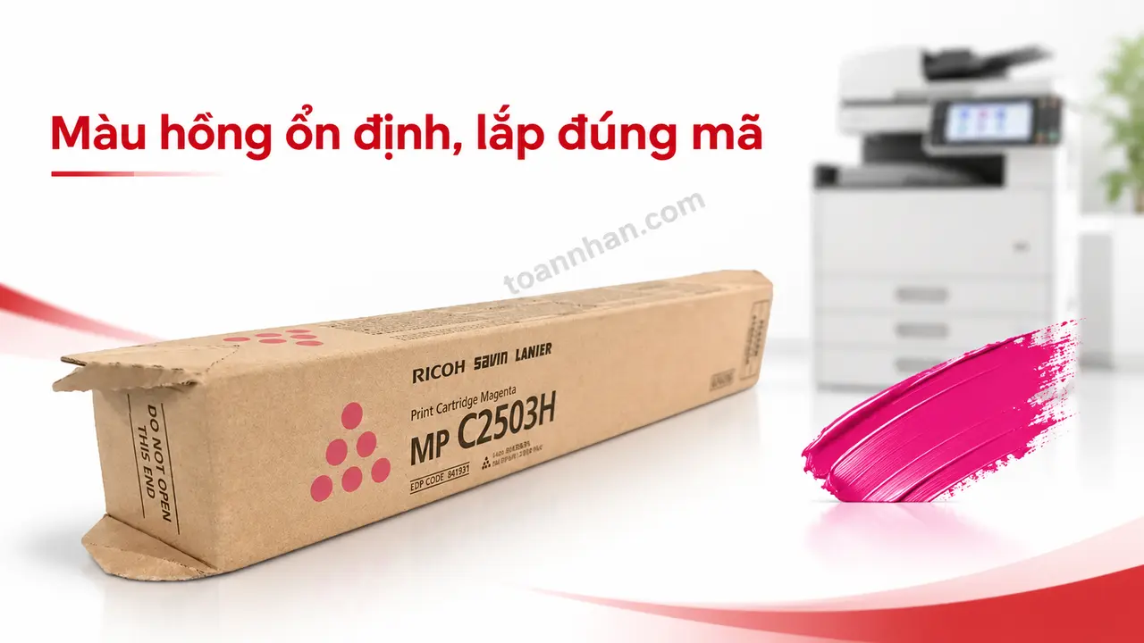 Hộp mực Ricoh MP C2503H Magenta minh họa màu hồng ổn định cho máy in tương thích