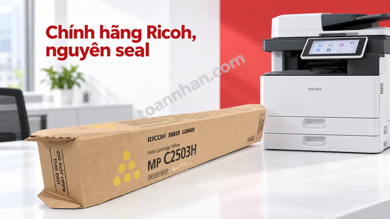 Hộp mực Ricoh MPC2003Y chính hãng màu vàng nguyên seal cạnh máy photocopy Ricoh tương thích