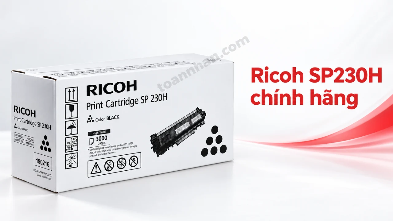 Hộp mực Ricoh SP230H chính hãng trong bao bì gốc trên nền trắng đỏ