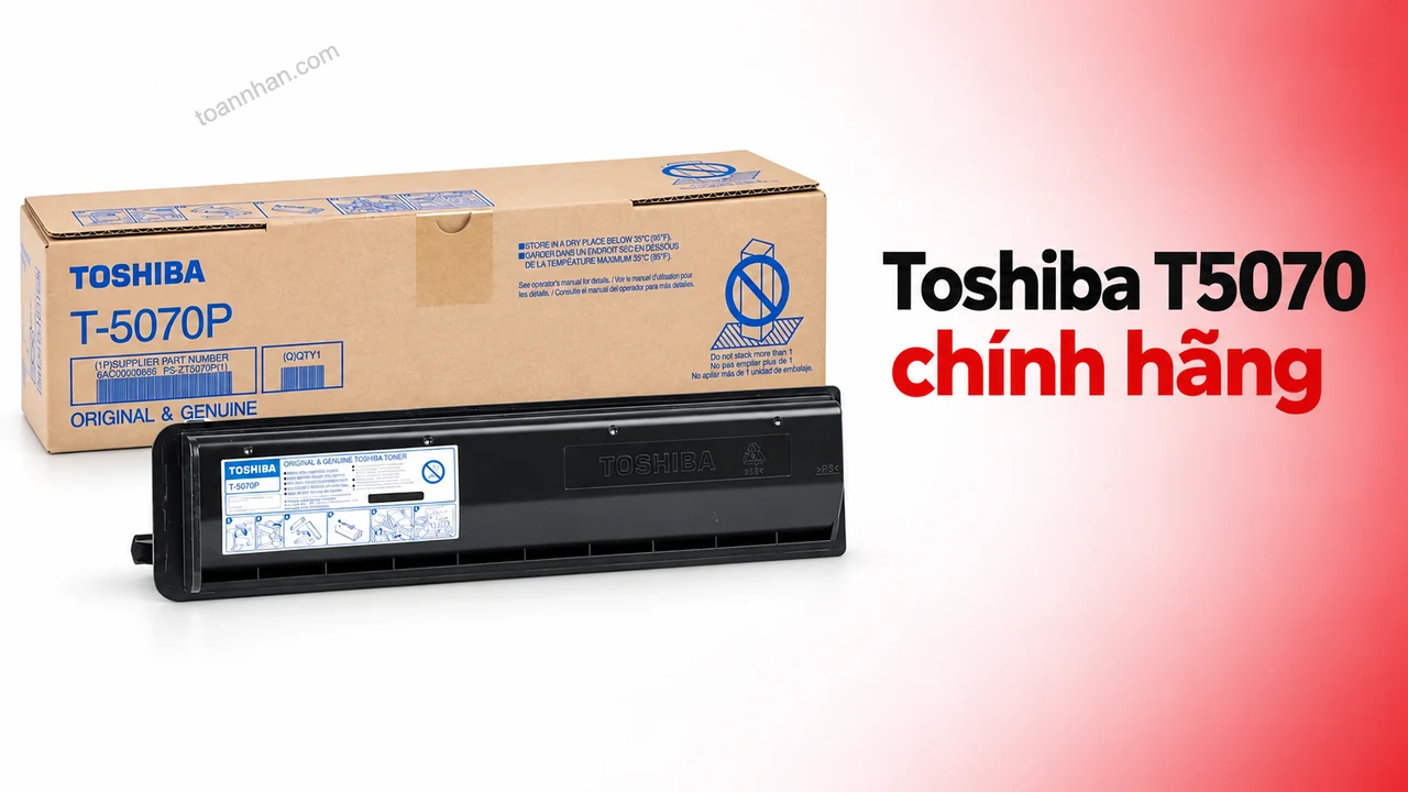 Hộp mực Toshiba T5070 chính hãng trong bao bì gốc trên nền trắng đỏ