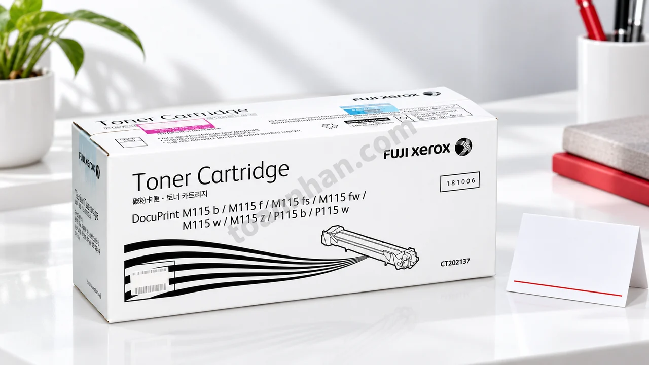 Hộp mực Xerox CT202137 chính hãng đặt cạnh phiếu bảo hành