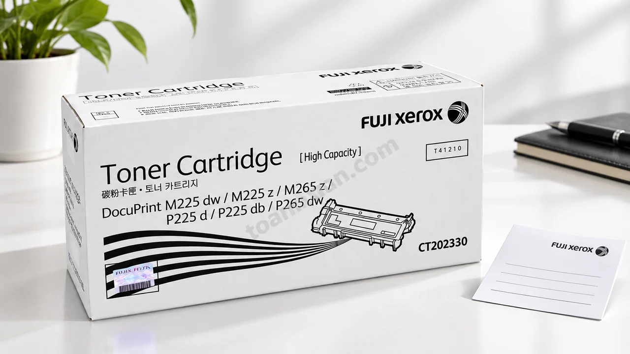 Hộp mực Xerox CT202330 chính hãng đặt cạnh phiếu bảo hành