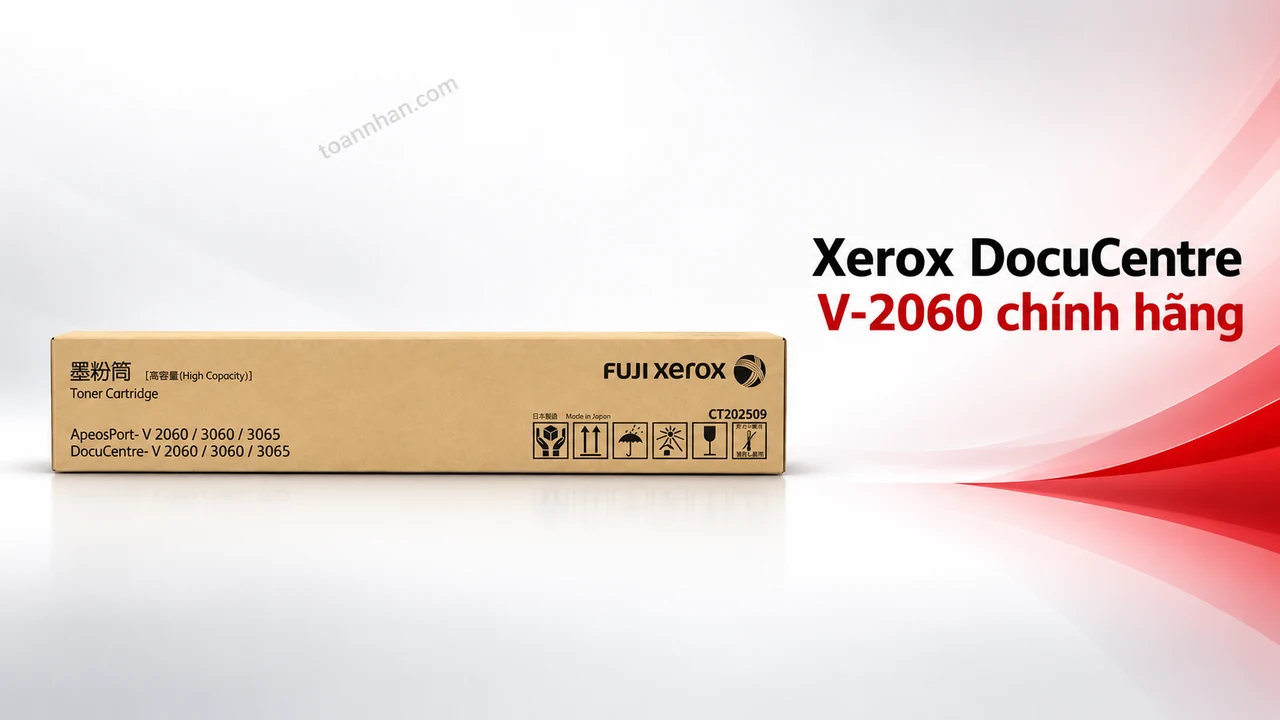 Hộp mực Xerox DocuCentre V-2060 chính hãng trong ảnh sản phẩm trên nền trắng đỏ