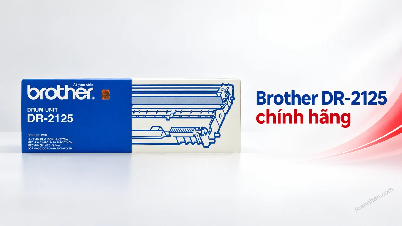Cụm drum Brother DR-2125 chính hãng với bao bì sản phẩm trên nền trắng đỏ