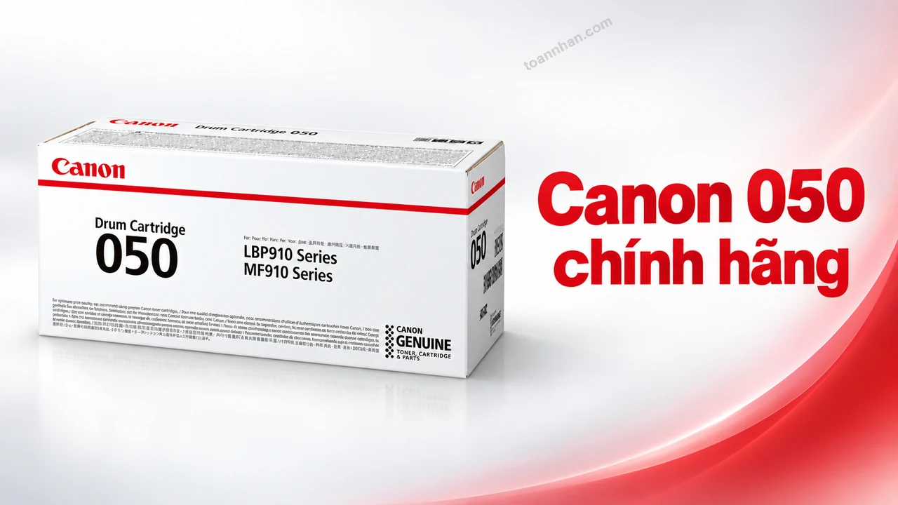 Cụm drum Canon 050 chính hãng trong ảnh sản phẩm trên nền trắng đỏ