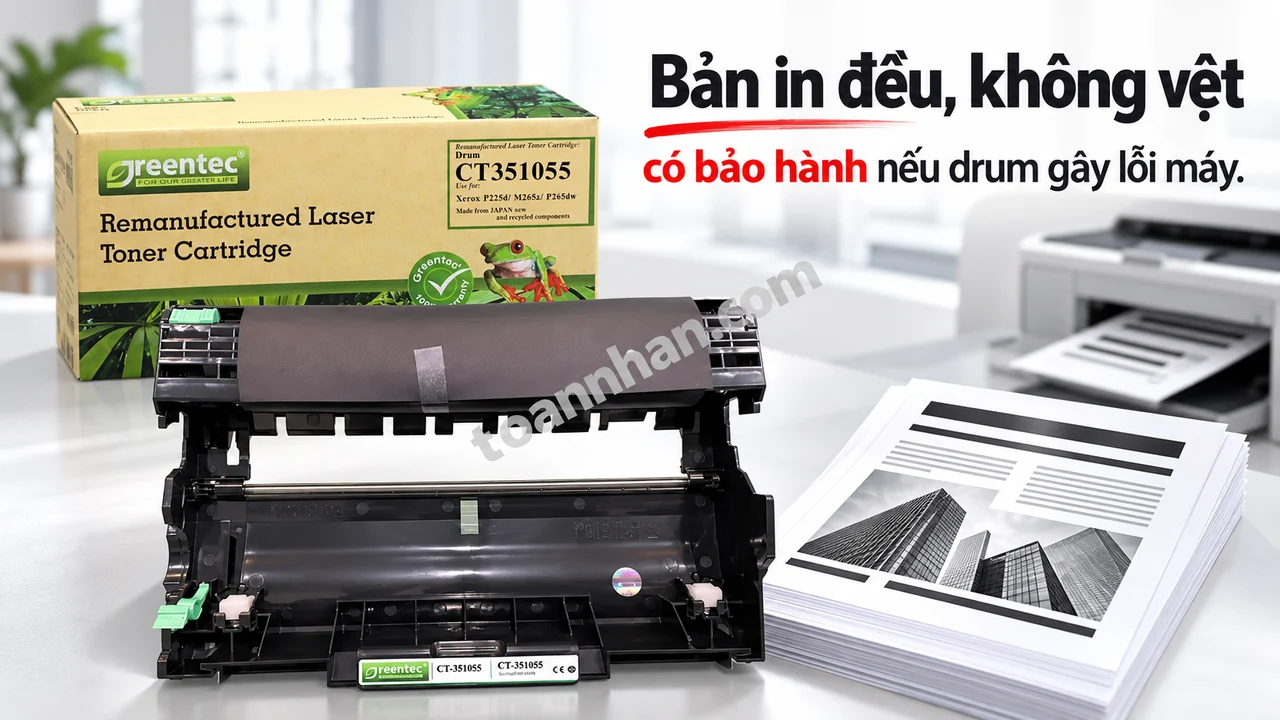 Cụm drum Greentech CT351055 và bản in văn bản đen rõ nét