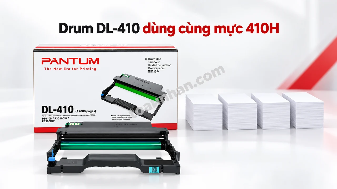Cụm drum và hộp Pantum DL-410 chính hãng cạnh bốn chồng giấy minh họa dùng cùng mực 410H