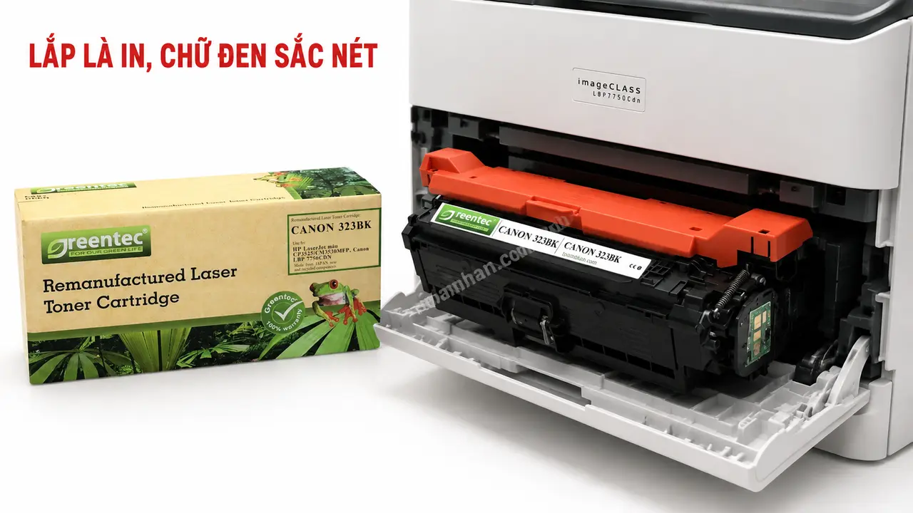 Hộp mực Greentech Canon 323BK màu đen đang lắp vào máy Canon imageCLASS LBP7750Cdn