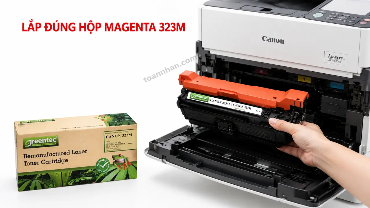Hộp mực Greentech Canon 323M màu magenta đang lắp vào máy Canon i-SENSYS LBP7750Cdn
