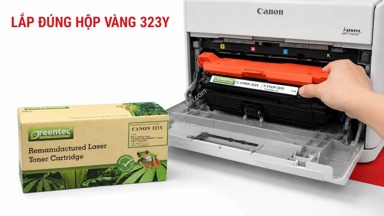 Hộp mực Greentech Canon 323Y màu vàng đang lắp vào máy Canon i-SENSYS LBP7750Cdn