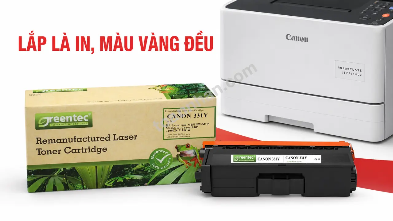 Hộp mực Greentech Canon 331Y màu vàng đang lắp vào máy Canon imageCLASS LBP7110Cw