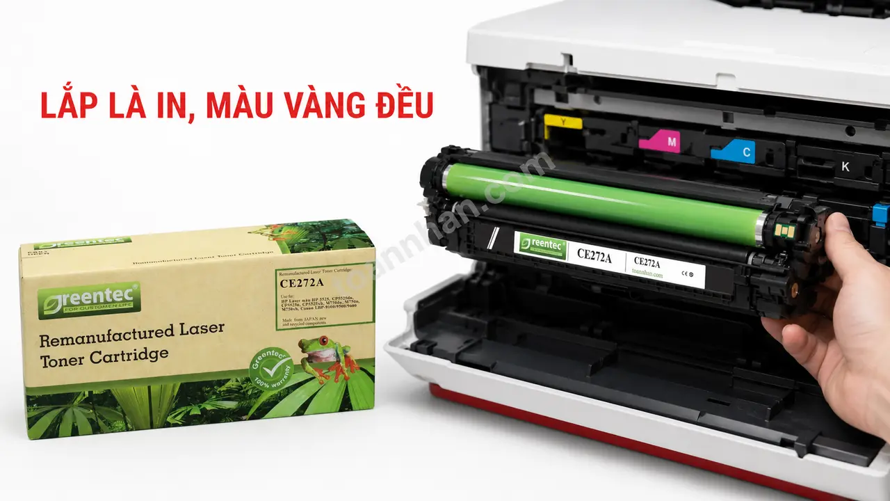 Hộp mực Greentech HP CE272A màu vàng đang lắp vào máy HP Color LaserJet Enterprise