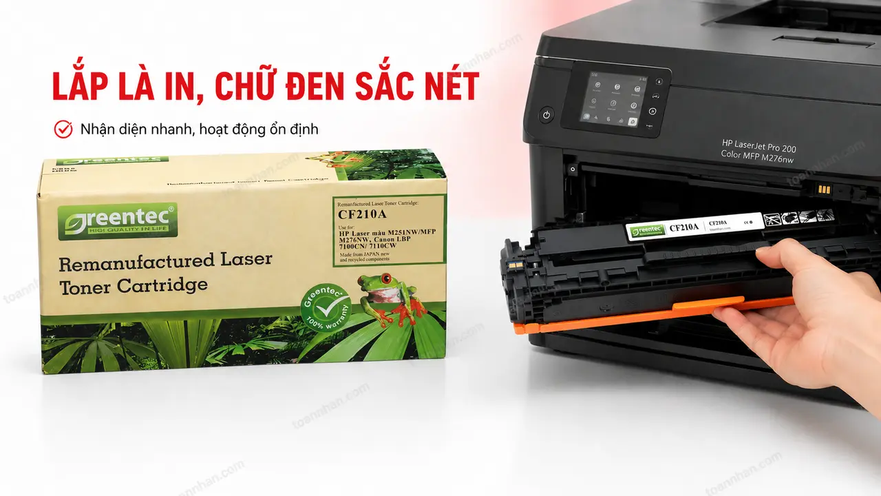 Hộp mực Greentech HP CF210A màu đen đang lắp vào máy LaserJet Pro 200 MFP M276nw