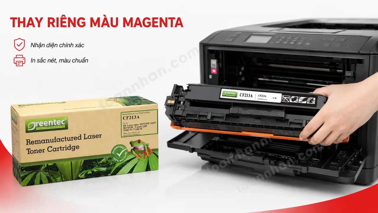 Hộp mực Greentech HP CF213A màu magenta đang lắp vào máy LaserJet Pro 200 M251nw
