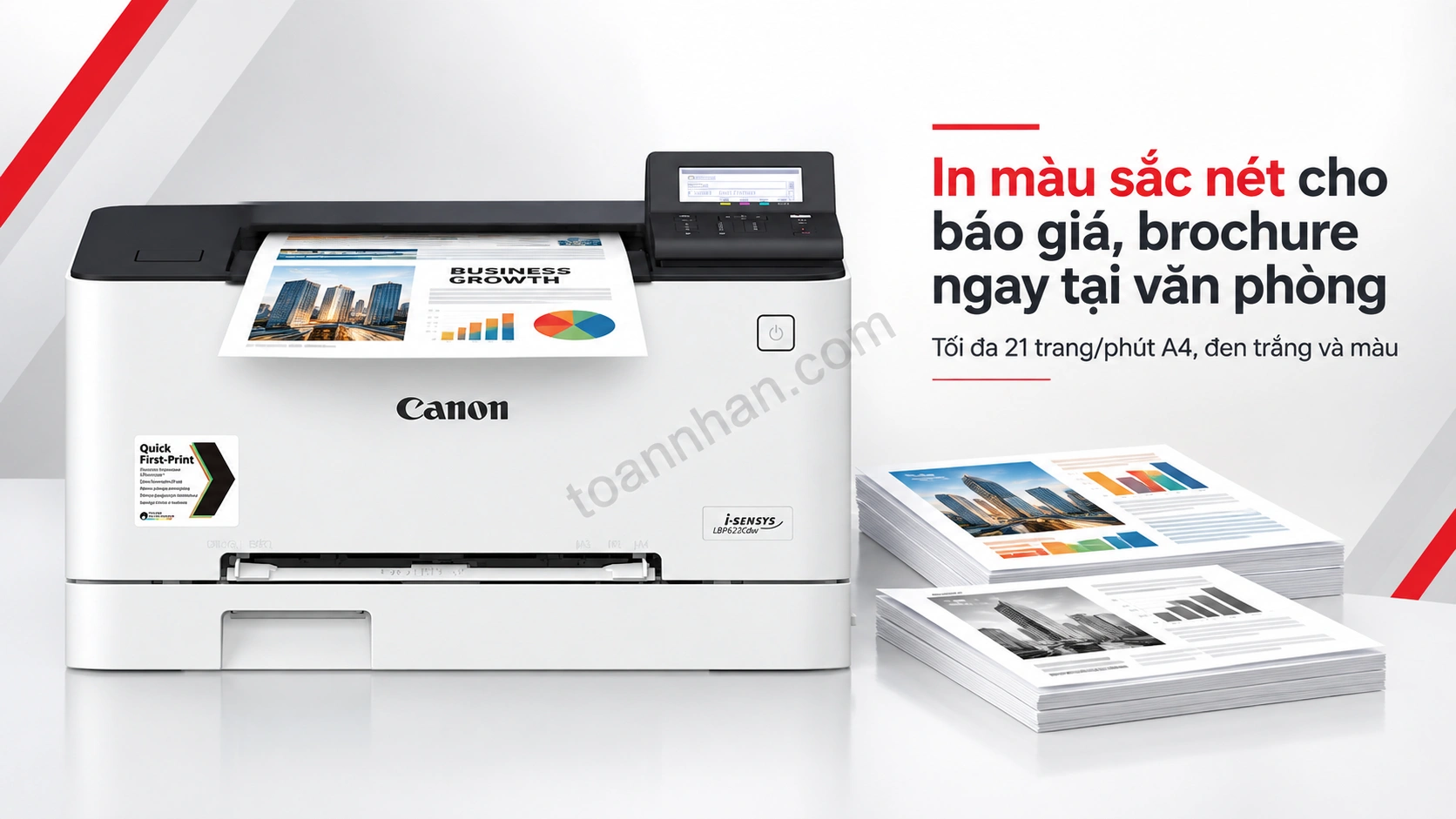 Mẫu brochure màu in từ Canon LBP623Cdw, cận cảnh độ sắc nét chữ và biểu đồ