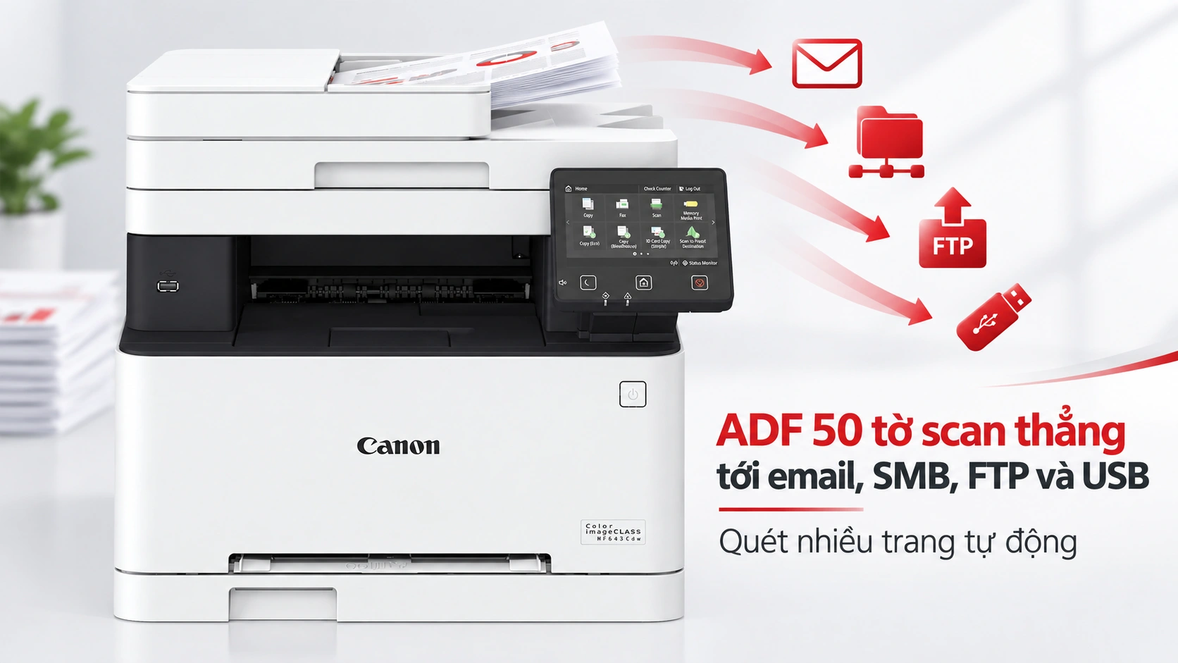 Khay ADF 50 tờ của Canon MF643Cdw đang quét tập hồ sơ gửi thẳng tới email