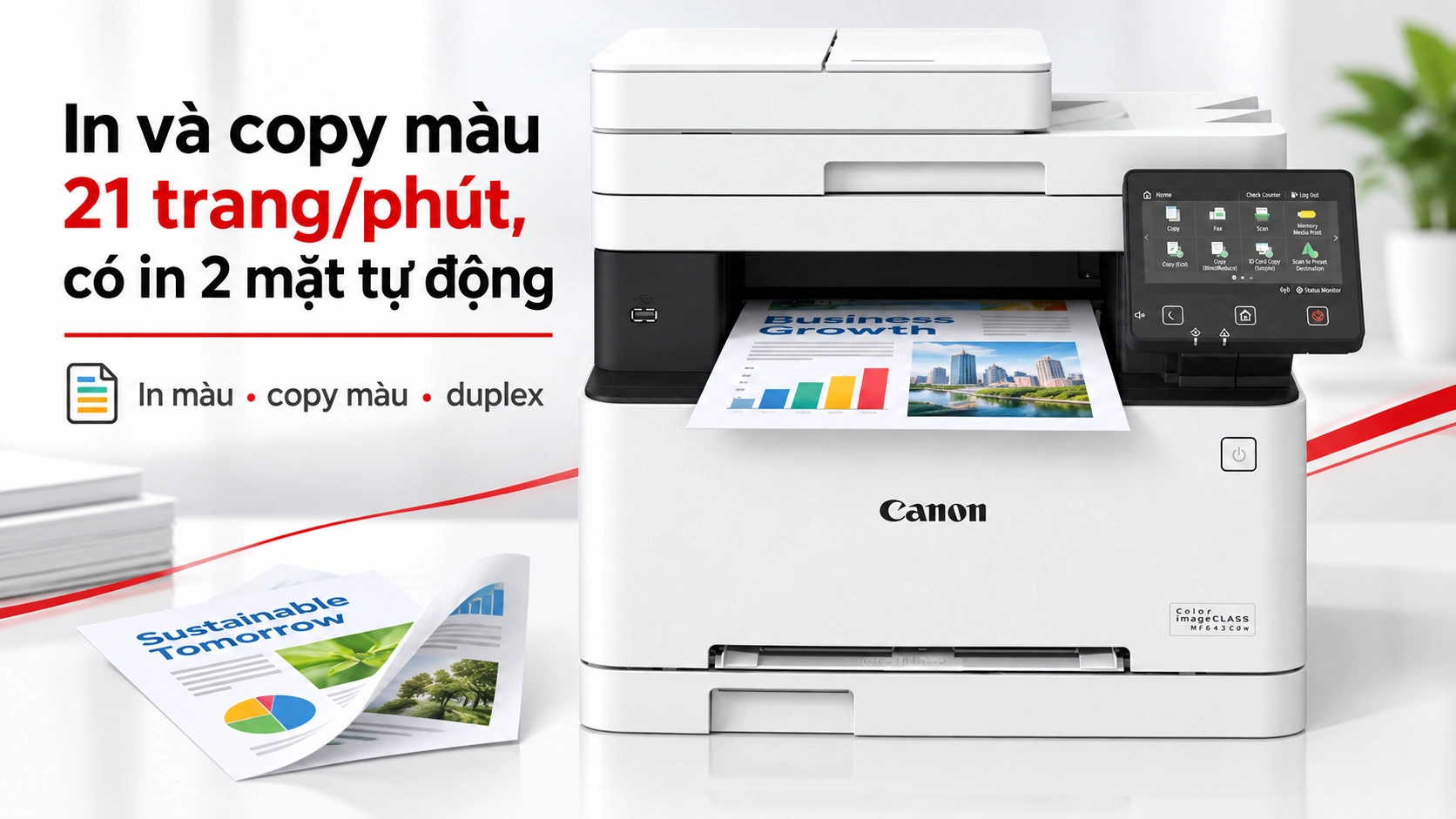 Máy in Canon MF643Cdw in tài liệu màu 2 mặt tự động, mẫu brochure ở khay ra