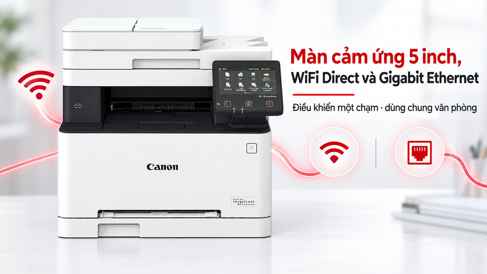 Màn cảm ứng 5 inch của Canon MF643Cdw hiển thị Application Library, bên cạnh là điện thoại in qua WiFi Direct