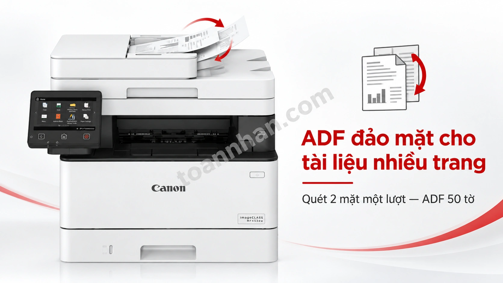 Khay ADF 50 tờ của Canon MF453dw đang quét tập hồ sơ 2 mặt trong một lượt