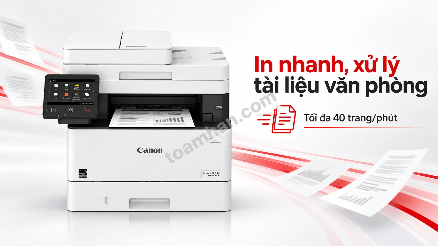 Canon MF453dw in liên tục 40 trang/phút với chồng tài liệu 2 mặt ở khay ra