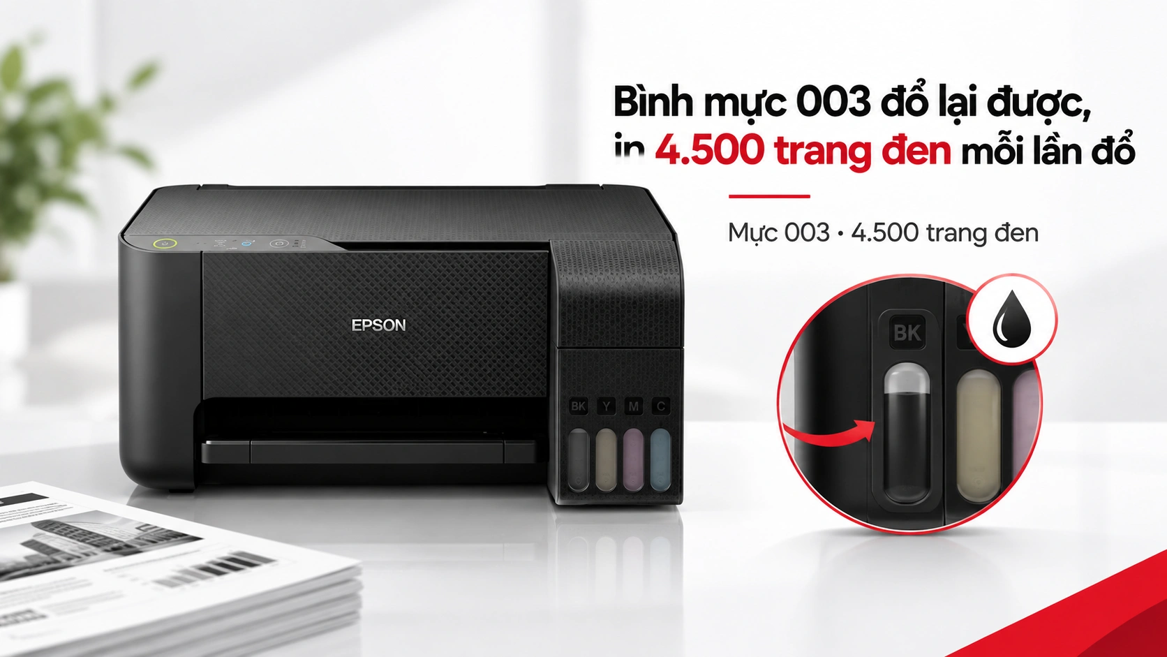 Đổ chai mực Epson 003 vào bình mực trong suốt phía trước máy Epson EcoTank L3210