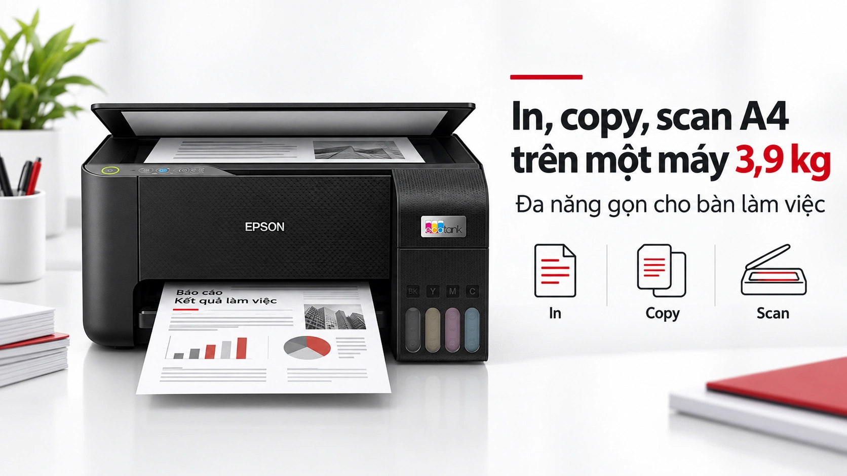 Epson EcoTank L3210 đang copy giấy tờ trên mặt kính, bản in màu ở khay ra
