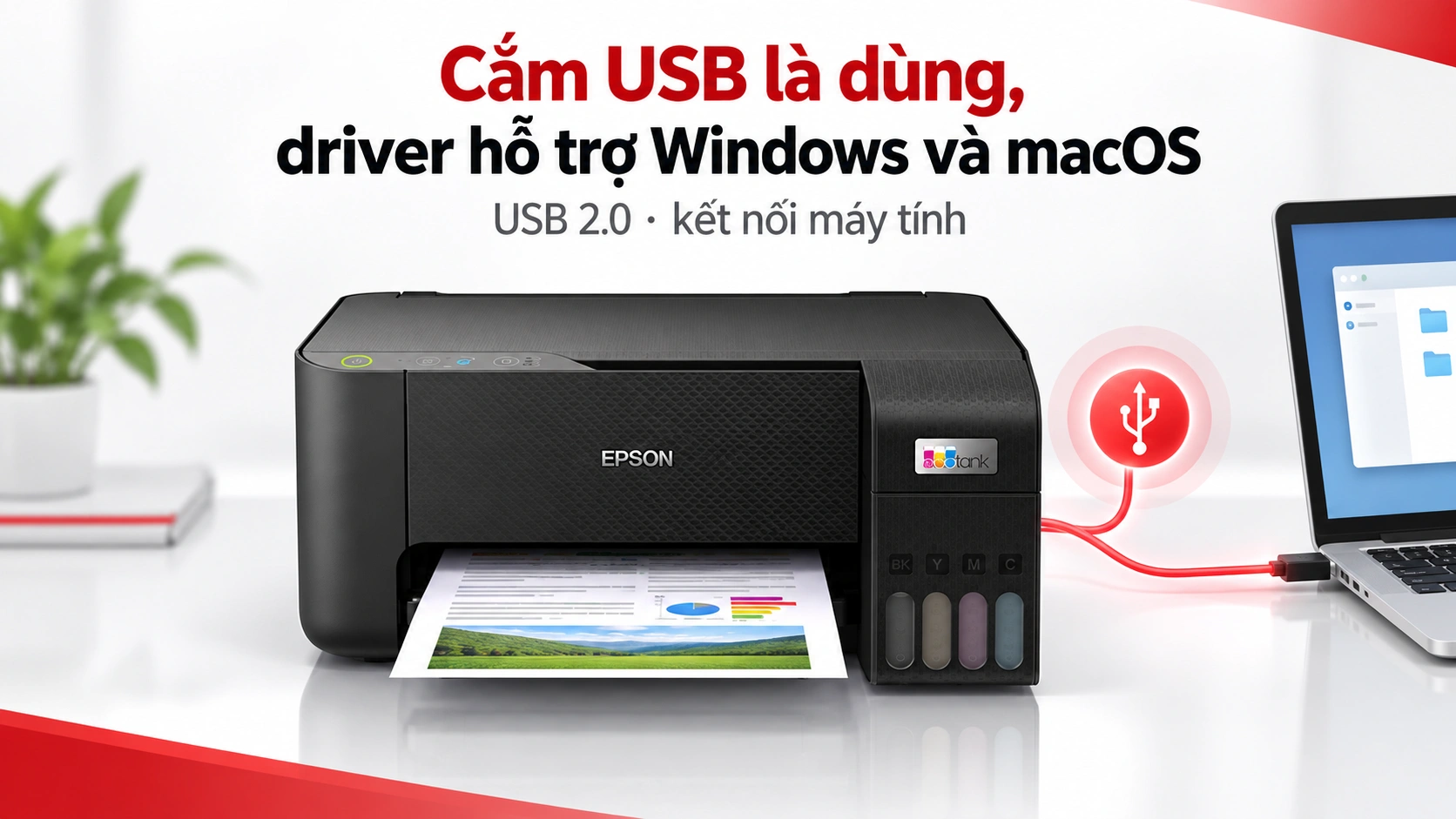 Epson EcoTank L3210 đặt trên bàn học, nối máy tính bằng cáp USB
