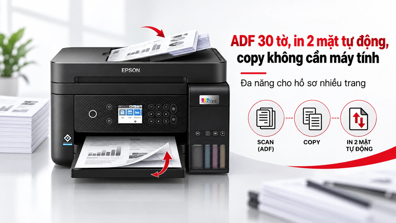 Khay ADF 30 tờ của Epson EcoTank L6270 đang quét hóa đơn, khay ra có bản in 2 mặt