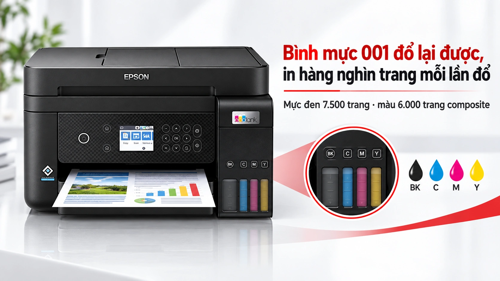 Đổ chai mực Epson 001 vào bình mực phía trước máy Epson EcoTank L6270