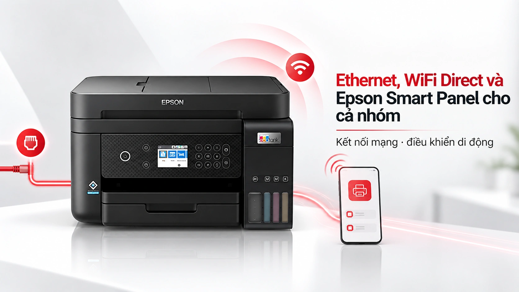 Điện thoại mở Epson Smart Panel in tới Epson EcoTank L6270 qua WiFi, máy bàn nối Ethernet