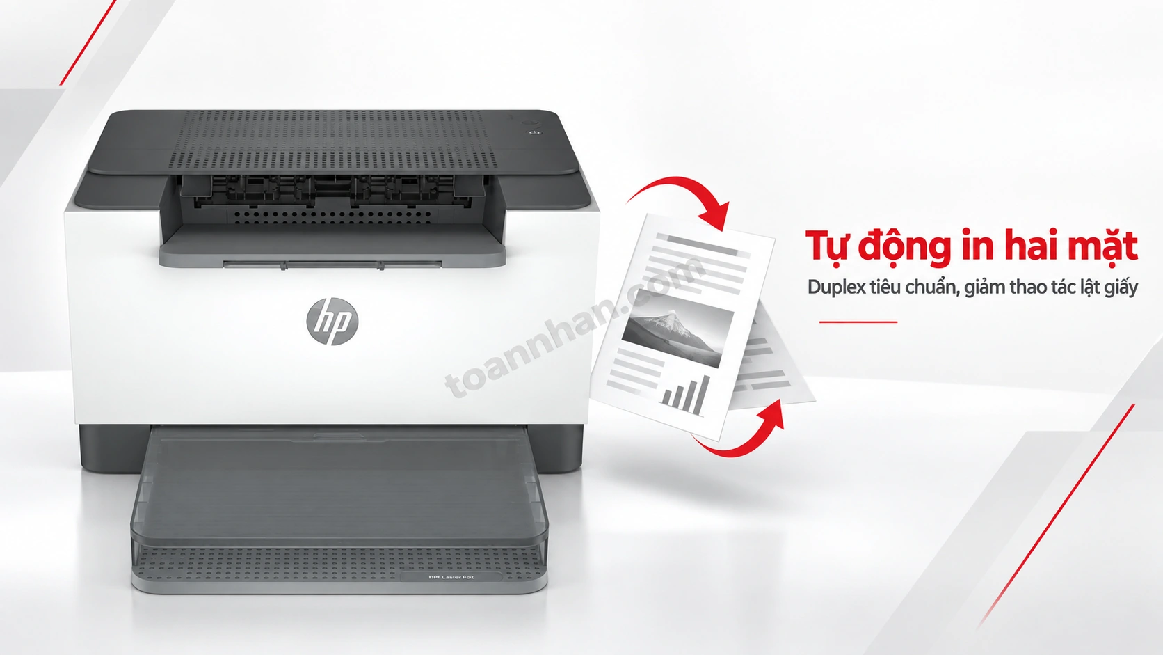 HP LaserJet M211d in tài liệu 2 mặt tự động, chồng giấy đã in ở khay ra