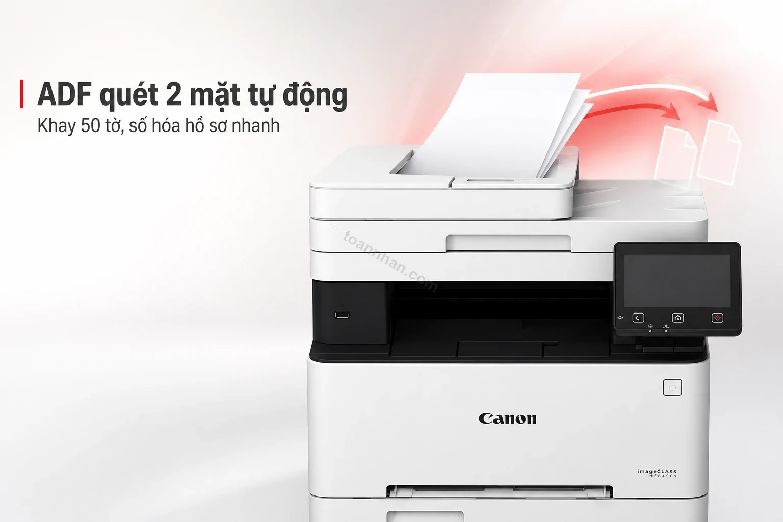 Khay ADF quét 2 mặt tự động của Canon MF645Cx đang xử lý tài liệu nhiều trang