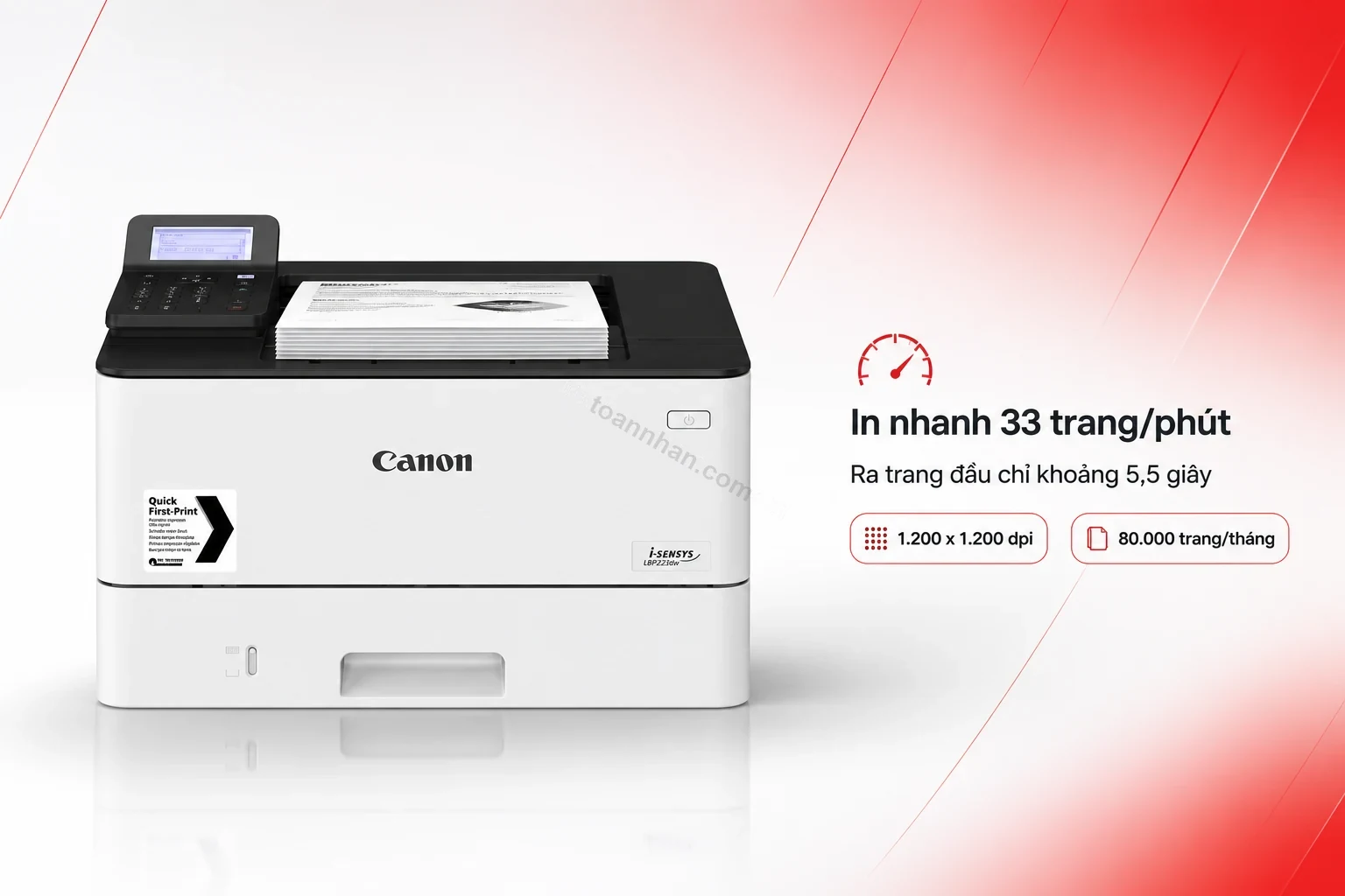 Canon LBP223dw in tài liệu văn phòng tốc độ cao, cận cảnh khay giấy đang ra bản in