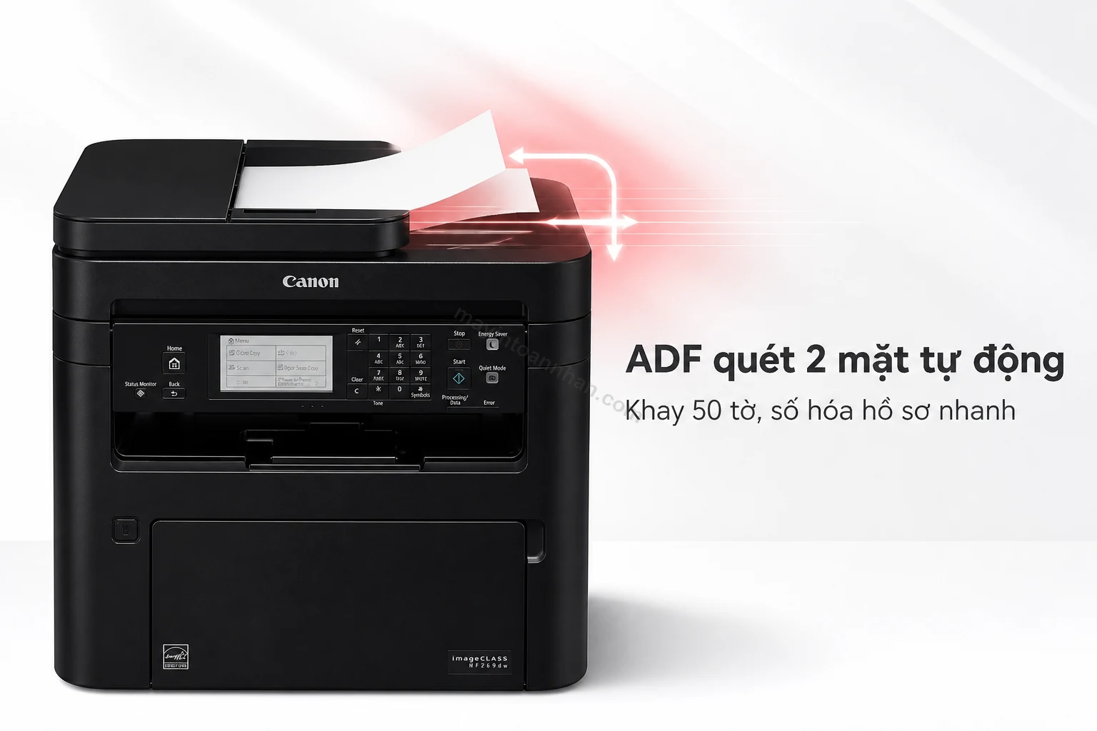 Khay ADF quét 2 mặt tự động của Canon MF269dw đang xử lý tài liệu nhiều trang