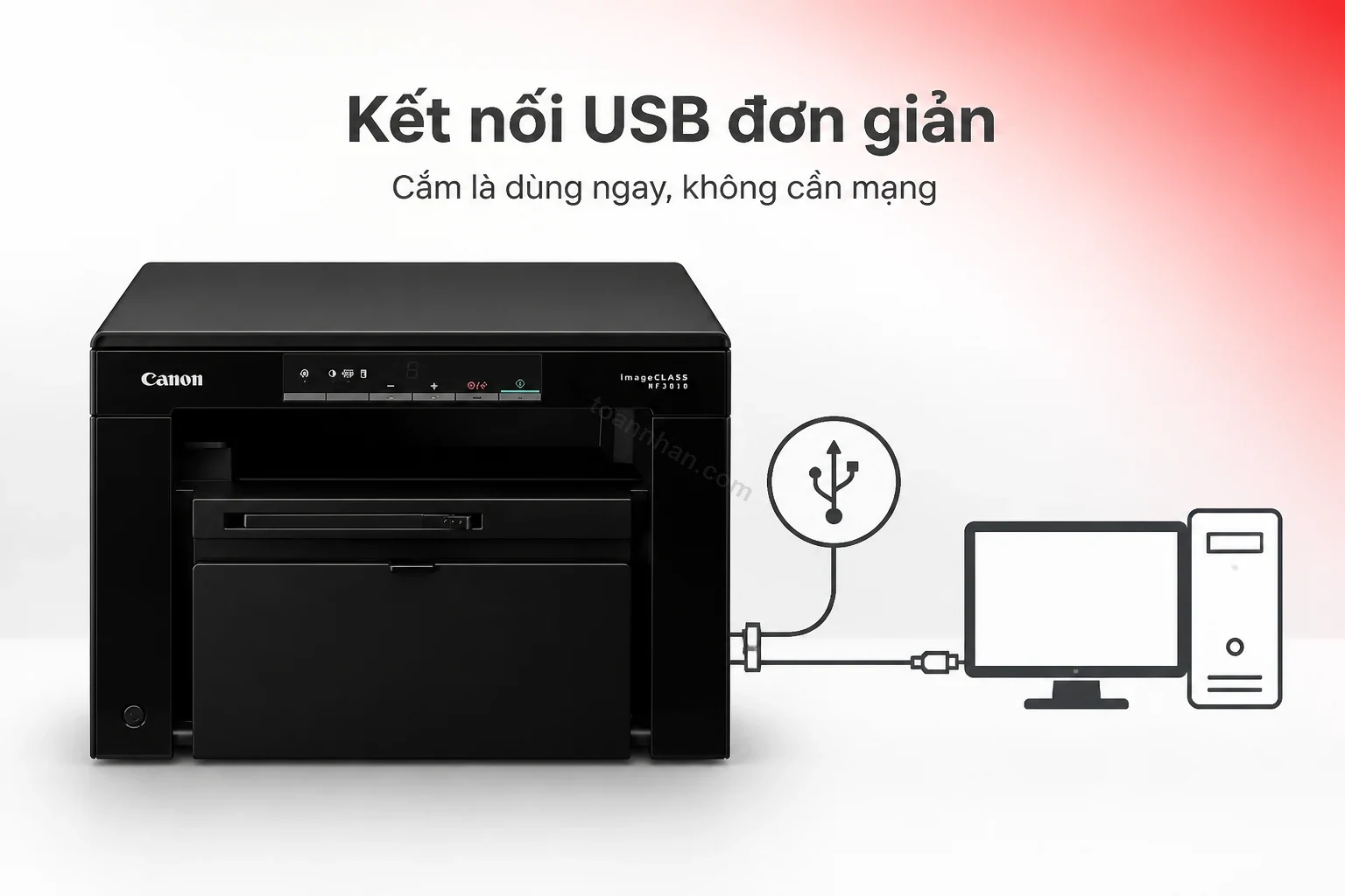 Kết nối cáp USB trực tiếp giữa Canon MF3010AE và máy tính