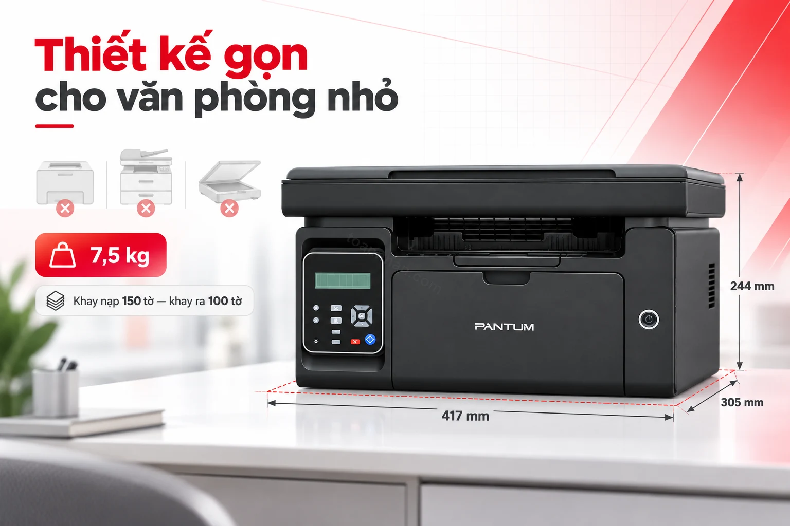 Kích thước gọn của máy in đa năng Pantum M6505 đặt trên bàn văn phòng